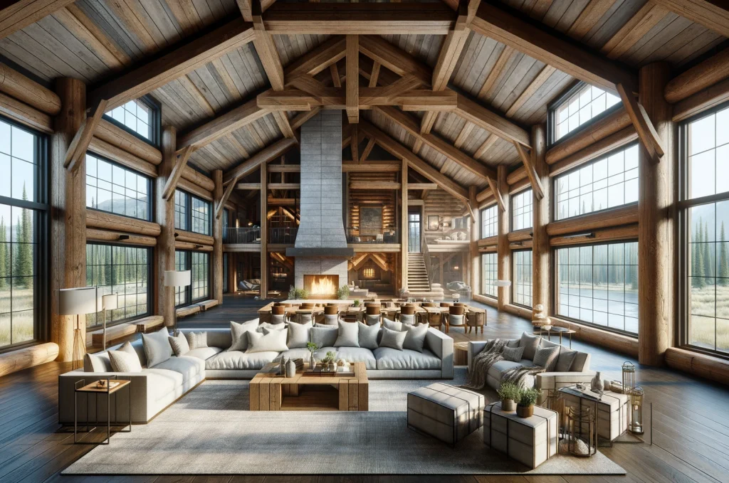 Interior visualization of a modern lodge cabin